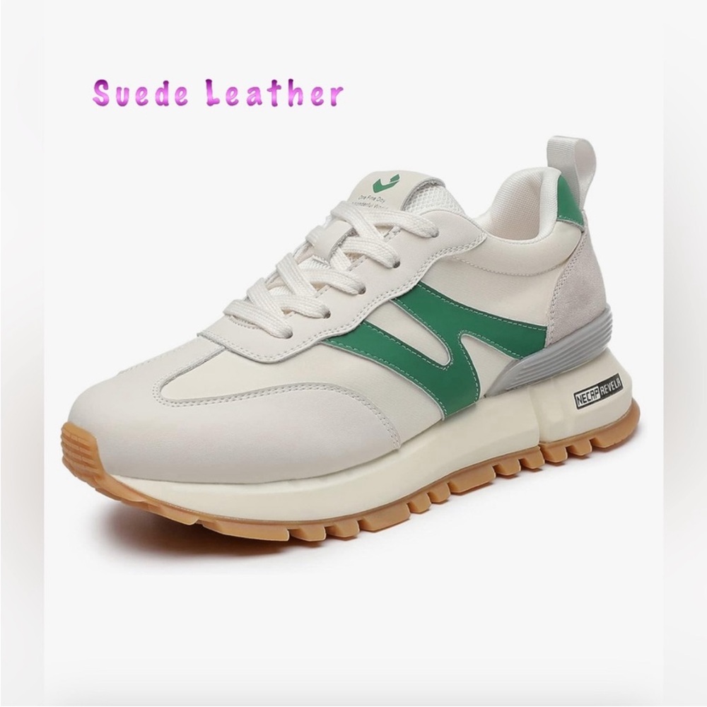 Suede Leather Women’s Sneakers - White with Green Accent